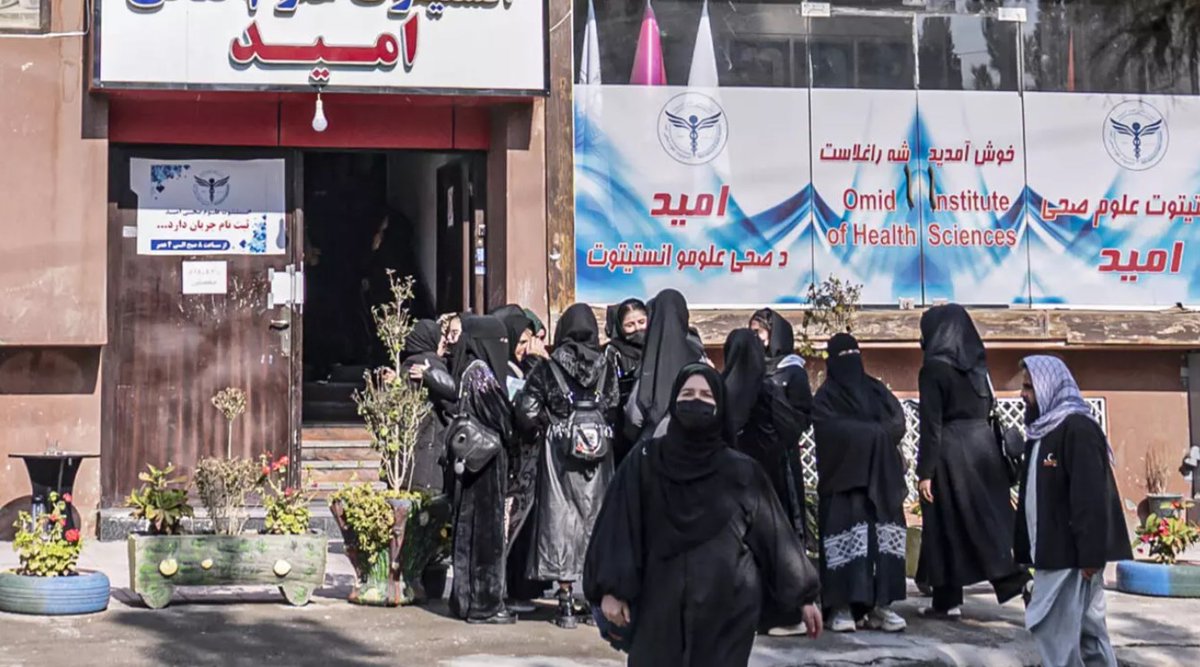 moghaoui's tweet image. After 2021 &quot;gender apartheid&quot; as described in Afghanistan women flocked to study the only avenues left for them in health sciences- nursing and midwifery 
 This has just been blocked as well without official letters.
 Women attending received messages today that they are barred.…