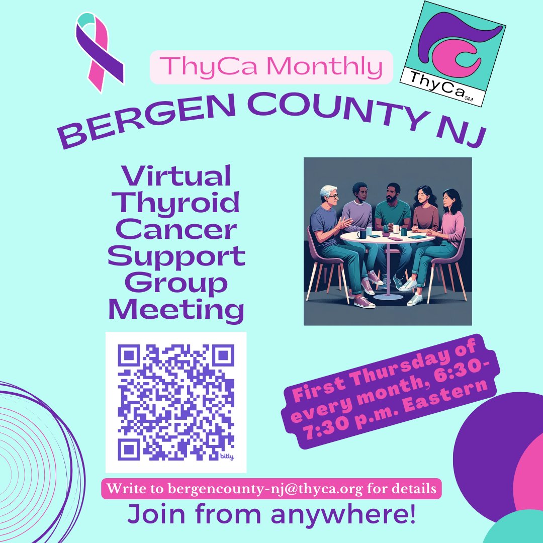 ThyCa Inc. (@thycainc) on Twitter photo ThyCa Bergen County holds FREE virtual meetings 6:30-7:30 PM ET the 1st Thursday of the month (2 days away - mark your calendars). Members of our group or others are welcome. Email our group facilitators at bergencounty-nj@thyca.org for the instructions on how to join.
#ThyCa ThyCa Bergen County holds FREE virtual meetings 6:30-7:30 PM ET the 1st Thursday of the month (2 days away - mark your calendars). Members of our group or others are welcome. Email our group facilitators at bergencounty-nj@thyca.org for the instructions on how to join.
#ThyCa