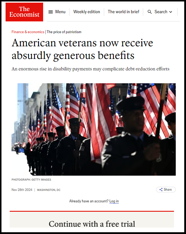 VFW - Washington Office (@vfw_officedc) on Twitter photo And now a word from VFW's National Legislative Director Pat Murray -
Normally, Thanksgiving is synonymous with food, family, friends, and giving thanks. For <a href="/TheEconomist/">The Economist</a>, Thanksgiving apparently means taking a turkey-sized dump on disabled veterans. The other day I had the And now a word from VFW's National Legislative Director Pat Murray -
Normally, Thanksgiving is synonymous with food, family, friends, and giving thanks. For <a href="/TheEconomist/">The Economist</a>, Thanksgiving apparently means taking a turkey-sized dump on disabled veterans. The other day I had the