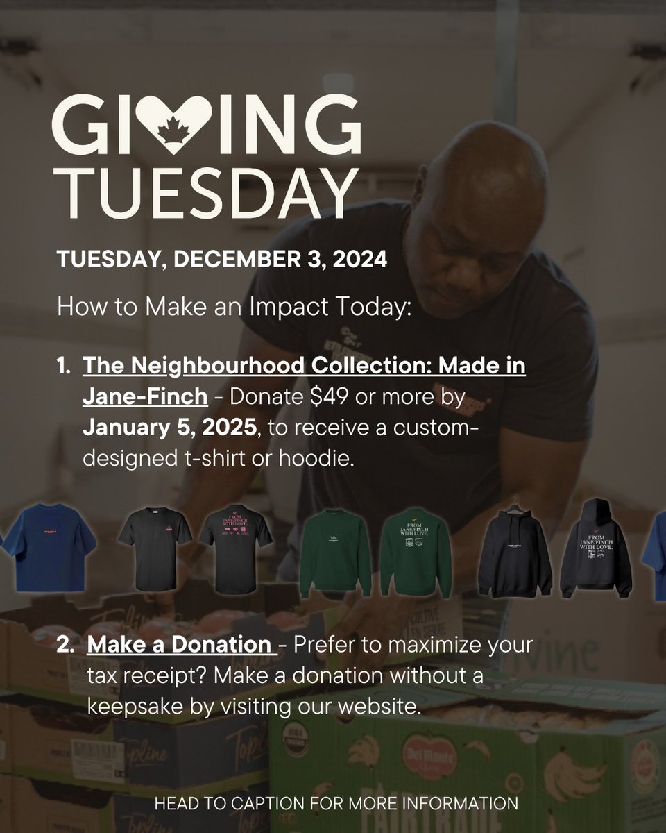 Today is Giving Tuesday, and we’re asking for your support to continue the work we do at the Jane/Finch Centre. Your contributions play a pivotal role in advancing our vision of a healthy and thriving Jane-Finch community. 

janefinchcentre.org/theneighbourho…

#GivingTuesday