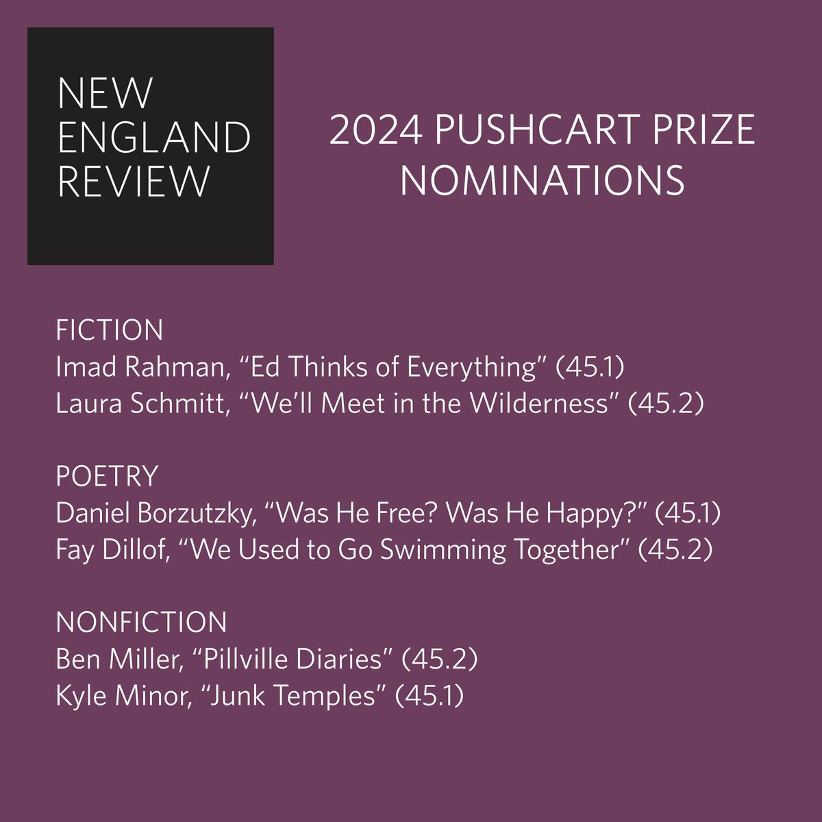 ByFanGao's tweet image. Want to read these pushcart prize nominated pieces? Subscribe now to @NERweb 

And congratulations to Imad Rahman, Laura Schmitt, Daniel Borzutzky, Fay Dillof, Ben Miller, &amp;amp; Kyle Minor!

(*Sneak peek at my personal favorite🤓)

#pushcart #pushcartprize