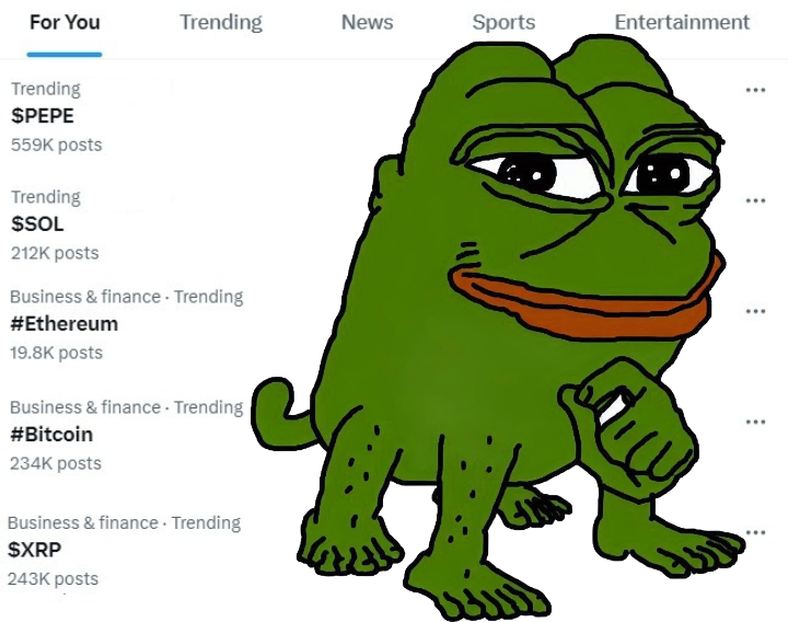 $PEPE is more Trendable on 𝕏 than #Bitcoin and $XRP combined. $PEPE is more Trendable than $SOL and $BTC combined. PEPE is more Trendable than SOL and XRP combined. PEPE is more Trendable than Bitcoin , $ETH and XRP combined, almost more Trendable than all of them combined. 🐸