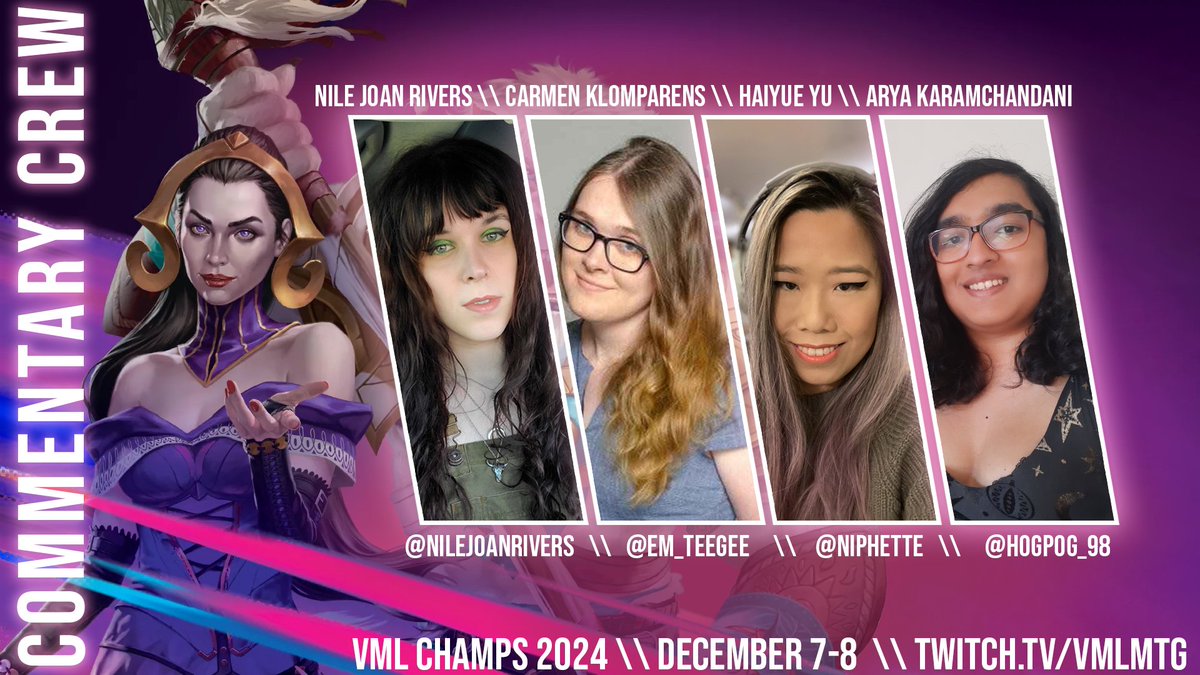 VML (@vmlmtg) on Twitter photo Let's reveal the commentary team who will be bringing you all the action from VML Champs...
VML regulars <a href="/niphette/">Haiyue ππΉ niphette@kind.social @bsky.social</a> and <a href="/NileJoanRivers/">Nile (like the river)</a> will be joined by Wizards Play Design team members <a href="/Em_TeeGee/">Carmen Klomparens</a> and <a href="/hogpog_98/">Arya Karamchandani</a>!! It's going to be an absolute blast π₯
#sponsored <a href="/PlayMTG/">PlayMTG</a> Let's reveal the commentary team who will be bringing you all the action from VML Champs...
VML regulars <a href="/niphette/">Haiyue ππΉ niphette@kind.social @bsky.social</a> and <a href="/NileJoanRivers/">Nile (like the river)</a> will be joined by Wizards Play Design team members <a href="/Em_TeeGee/">Carmen Klomparens</a> and <a href="/hogpog_98/">Arya Karamchandani</a>!! It's going to be an absolute blast π₯
#sponsored <a href="/PlayMTG/">PlayMTG</a>