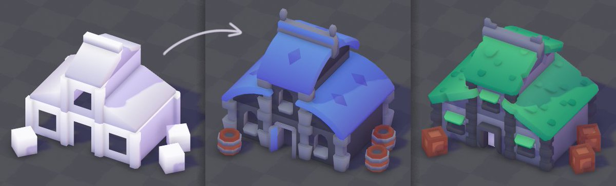 KenneyNL's tweet image. Worked on a system today so I can 'theme' my assets quickly. First I create the crude model, then sets (roof piece, wall piece, etc.) and it'll generate the completed models based on the crude model. Allows me to create even more cool free #gameassets!