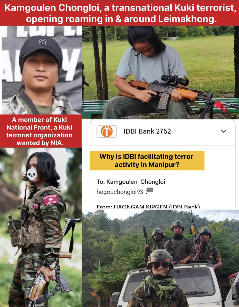 PukningWarol's tweet photo. 🚨 #Manipur: Kamgoulen Chongloi, of Kuki National Front, a terrorist organization, openly roams with sophisticated weapons near Leimakhong army base where a #Meitei man vanished inside the army camp. 🚨

Raising serious security issues, the members of KNF, a terrorist organization wanted by NIA on several crimes related to #ManipurConflict, openly roam just kilometers away from Leimakhong @Spearcorps base.

https://t.co/HYrSQa8yZa

https://t.co/81IbDamIf3

A Meitei man, Kamalbabu has been missing from inside the army camp.

How these #KukiNarcoTerrorists are allowed to roam freely, is anyone guess and raises serious questions to the operational ground realities of @easterncomd @adgpi @official_dgar.

Meanwhile banks like @IDBI_Bank are facilitating terror funding by allowing money transfer to these #KukiMilitants. Requesting IDBI bank to debank such militants.

Social media platforms like @YouTubeIndia are allowing terrorists to have their channel and spread terrorism in #Manipur. Requesting YT India to suspend such terrorist channel link below.

https://t.co/RJLt8h6N6X

@manipur_police @NIA_India @NBirenSingh @imosingh @AmitShah @rajnathsingh @narendramodi please take appropriate actions.

@ramindesai @RajatSethi86 @PrinceArihan @AbhijitChavda @AadiAchint @Iyervval @kushal_mehra @JaipurDialogues @hindupost @HPhobiaWatch @Warlock_Shabby @HinduVoice_in @ARanganathan72 @jsaideepak @TanushreePande @BhardwajAnanya 

#KukiEngineeredManipurViolence #Kuki_Zo #KukiNarcoTerrorists #KukiStudentsOrganization #KukiWarCrimes #KukiTerrorists #KukiZoTerrorists