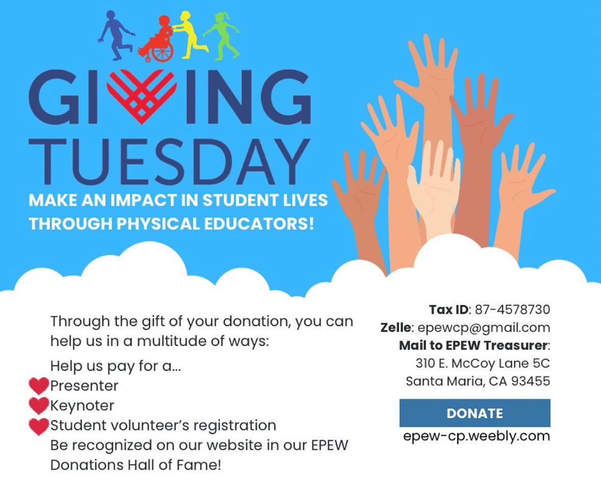 EPEW (@epewcp) on Twitter photo This #GivingTuesday, please consider donating ๐คฒ๐พtowards our workshop! W/your generosity๐, we will be able to fund various aspects of #EPEW2025 & continue to push #physed forward! Your donations can be tax๐ฐdeductible as our work for teachers ๐ฉ๐ฝโ๐ซ & our students ๐จ๐ปโ๐ are non-profit! This #GivingTuesday, please consider donating ๐คฒ๐พtowards our workshop! W/your generosity๐, we will be able to fund various aspects of #EPEW2025 & continue to push #physed forward! Your donations can be tax๐ฐdeductible as our work for teachers ๐ฉ๐ฝโ๐ซ & our students ๐จ๐ปโ๐ are non-profit!