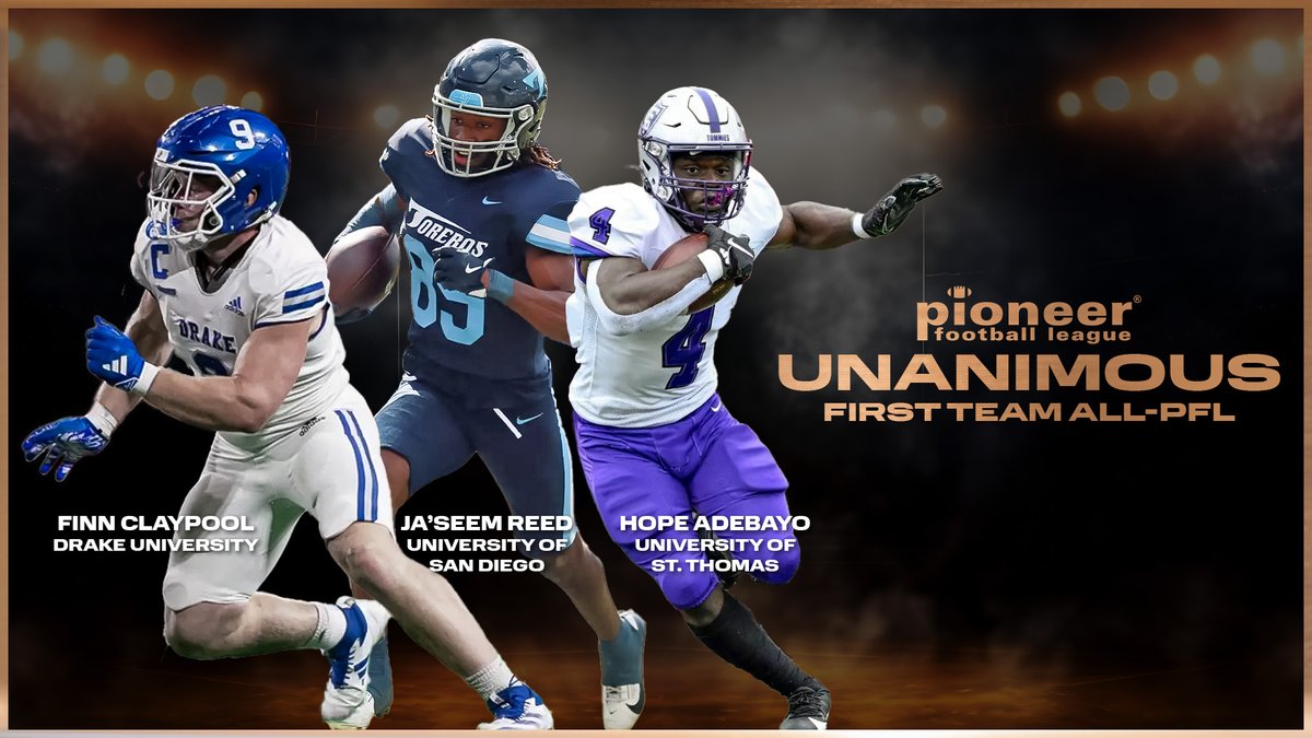 Pioneer Football (@pflnews) on Twitter photo The 32nd All-PFL Teams Are Here!
Congratulations to the three unanimous selections on this year's teams:
<a href="/DrakeBulldogsFB/">Drake Football</a> defensive lineman Finn Claypool
<a href="/USDFootball/">San Diego Football</a> wide receiver Ja'seem Reed
<a href="/UST_Football/">St. Thomas Football</a> running back Hope Adebayo
Story > pioneer-football.org/news/2024/12/3… The 32nd All-PFL Teams Are Here!
Congratulations to the three unanimous selections on this year's teams:
<a href="/DrakeBulldogsFB/">Drake Football</a> defensive lineman Finn Claypool
<a href="/USDFootball/">San Diego Football</a> wide receiver Ja'seem Reed
<a href="/UST_Football/">St. Thomas Football</a> running back Hope Adebayo
Story > pioneer-football.org/news/2024/12/3…