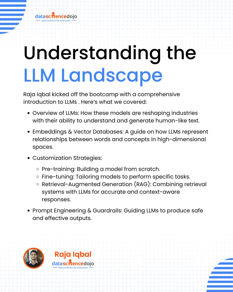 DataScienceDojo's tweet photo. π Diving into Transformers and Prompt Engineering!
Day 1 was all about the foundations of LLMs - transformers, attention mechanisms, and crafting effective prompts with hands-on tuning techniques.
π Learn more: https://t.co/DqXbZk6vcd
#LLMDojo #ai #genai #LLM #ML #LLMBootcamp https://t.co/pAm42Pf41X