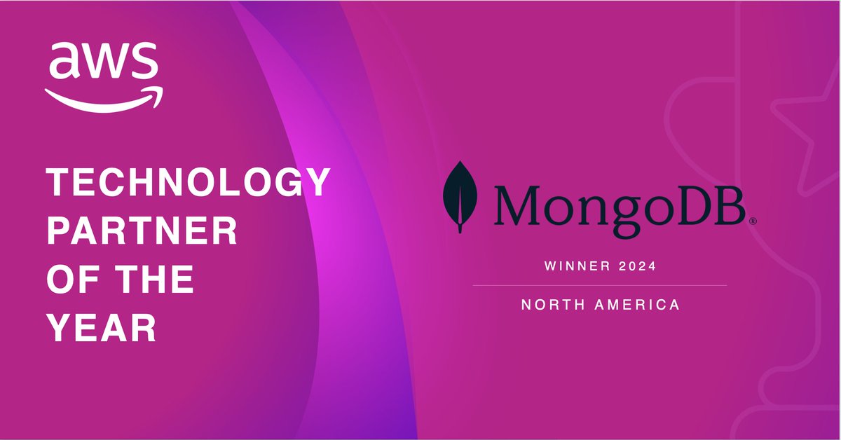 MongoDB's tweet photo. We are excited to share that we’ve been named Technology Partner of the Year in North America by @AWS_Partners! We're proud to team up with @AWS_Partners to deliver exceptional performance for customers. Learn more: https://t.co/FfFrEQiNSi https://t.co/oAcu42tbiS