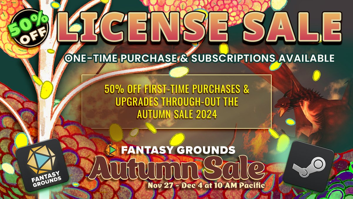 Level up your RPG experience! 🍂 

The Autumn Sale is here on Fantasy Grounds VTT. 
Save big on standard and ultimate licenses. 
Adventure awaits!

#vtt #rpg #ttrpg