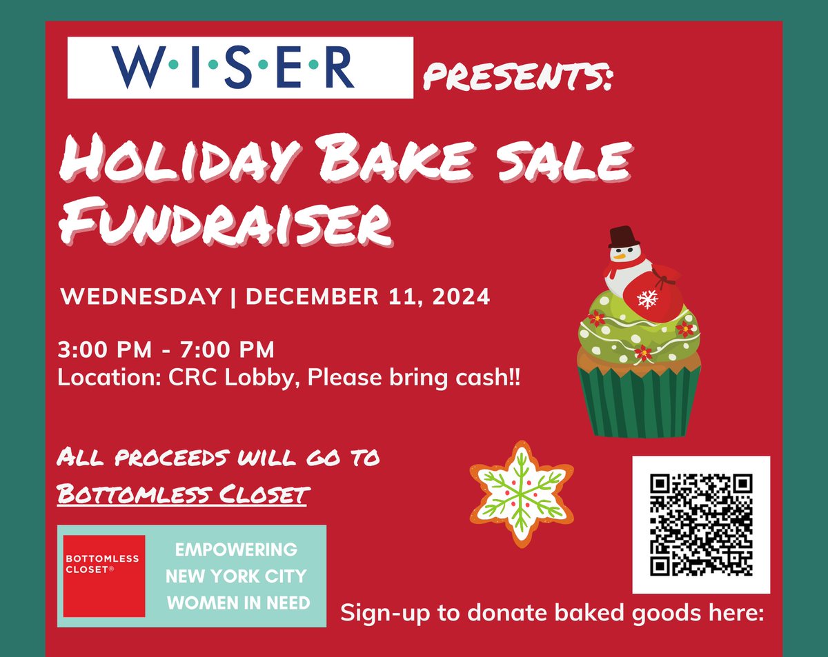 Join us in the CRC lobby on December 11th from 3pm-7pm for our annual holiday bake sale to benefit
<a href="/BttmlessClstNYC/">Bottomless Closet</a>, a non-profit organization that empowers women by offering professional development tools and clothing to those in need 🧑‍🎄🎄