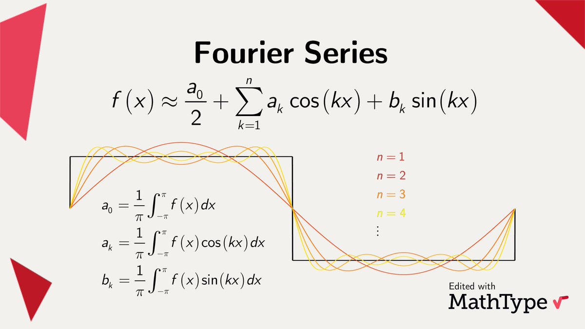 MathType's tweet photo. The Fourier series is a great technique to break any function into simple sine waves, which can then be pieced together for an approximation of arbitrary precision. This is key in any technology involving signal processing of EM waves e.g. radio, wifi.

#MathType #mathfacts https://t.co/2UNWeaBazi