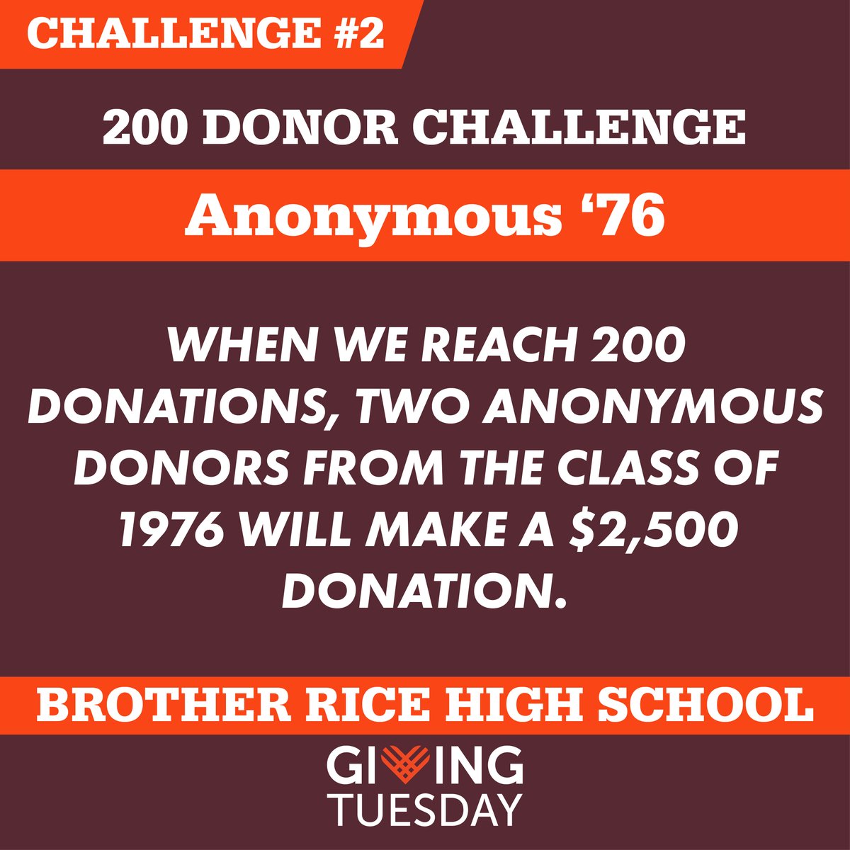 We are off to a great start today! We have unlocked a new challenge to get 200 individual donors. Help us achieve this goal and we will get a $2,500 donation. Give Back. Give Thanks. brotherrice.org/givingtuesday/

#GivingTuesday