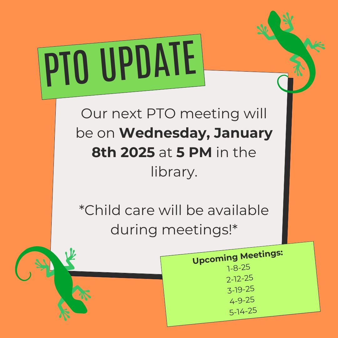 Our PTO meets on the 2nd Wednesday of each month from 5-6 PM in the school library. 
Please plan to join us! 

NOTE: THERE WILL NOT BE A PTO MEETING IN DECEMBER!!