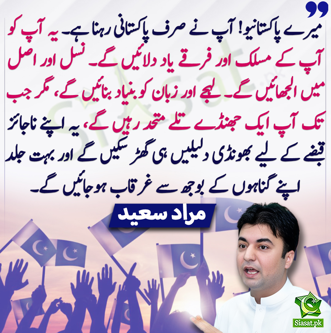 میرے پاکستانیو! آپ نے صرف پاکستانی رہنا ہے۔ یہ آپ کو آپ کے مسلک اور فرقے یاد دلائیں گے۔ نسل اور اصل میں الجھائیں گے۔ لہجے اور زبان کو بنیاد بنائیں گے، مگر جب تک آپ ایک جھنڈے تلے متحد رہیں گے، یہ اپنے ناجائز قبضے کے لیے بھونڈی دلیلیں ہی گھڑ سکیں گے اور بہت جلد اپنے گناہوں کے بوجھ