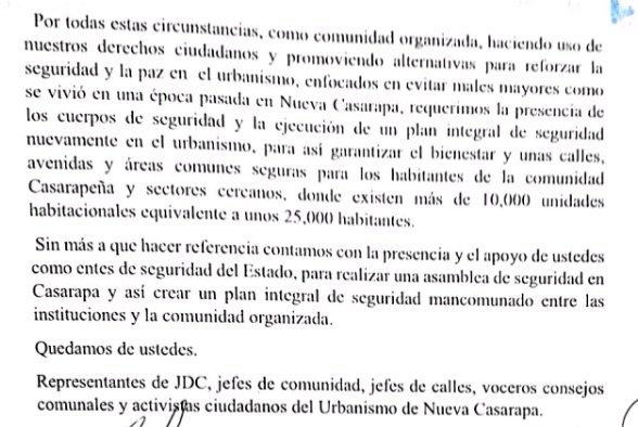 procasarapa's tweet photo. #procasarapa informa comunicado público por la seguridad en Nueva Casarapa.  Se solicita a todos los organismos de seguridad del Estado reforzar plan Casarapa segura. Requerimos pronta reunión para establecer estrategias conjuntas con la comunidad organizada @Freddy_Rod13 https://t.co/WdCZXIIIkn