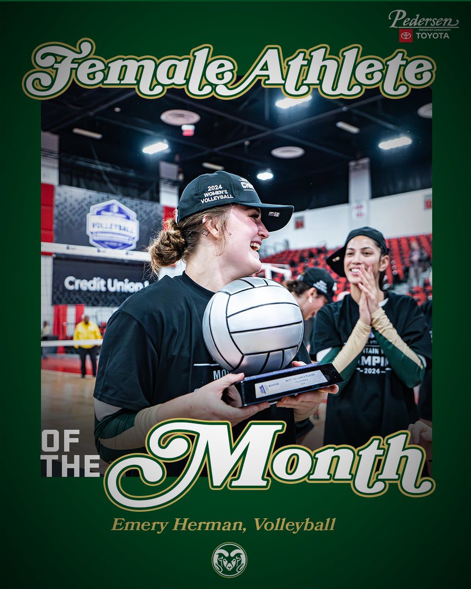 Your November <a href="/pedersentoyota/">Pedersen Toyota</a> Female Student-Athlete of the Month is <a href="/CSUVolleyball/">Colorado State Volleyball</a>'s Emery Herman! 🥳

Emery recorded 389 assists on the month, lead her team to the 2024 Mountain West Championship Title, and was awarded the tournament MVP award!

#Stalwart x #CSURams