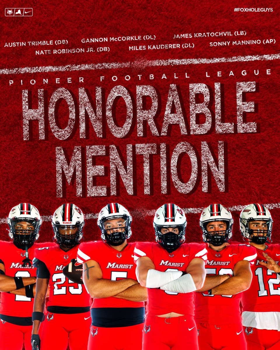 Marist Football (@marist_fball) on Twitter photo Congratulations to our six All-PFL Honorable Mention selections!
🦊 Austin Trimble
🦊 Nate Robinson Jr.
🦊 Gannon McCorkle
🦊 Miles Kauderer
🦊 James Kratochvil
🦊 Sonny Mannino
#FoxholeGuys Congratulations to our six All-PFL Honorable Mention selections!
🦊 Austin Trimble
🦊 Nate Robinson Jr.
🦊 Gannon McCorkle
🦊 Miles Kauderer
🦊 James Kratochvil
🦊 Sonny Mannino
#FoxholeGuys