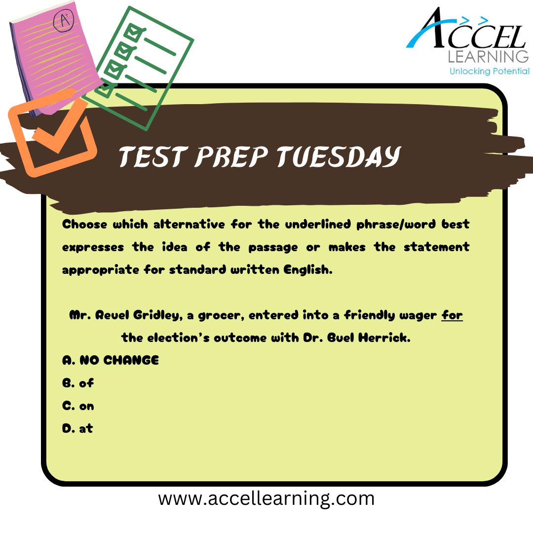 Accel_Learning's tweet image. Drop your answer in the comment section and tag your friends along! The correct answer to the last question is D.

#act, #english, #math, #science, #test, #testprep