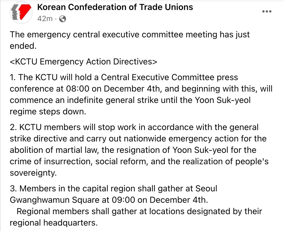 BREAKING 🇰🇷 The Korean Confederation of Trade Unions will begin an indefinite general strike tomorrow, demanding the immediate resignation of President Yoon Suk-yeol.