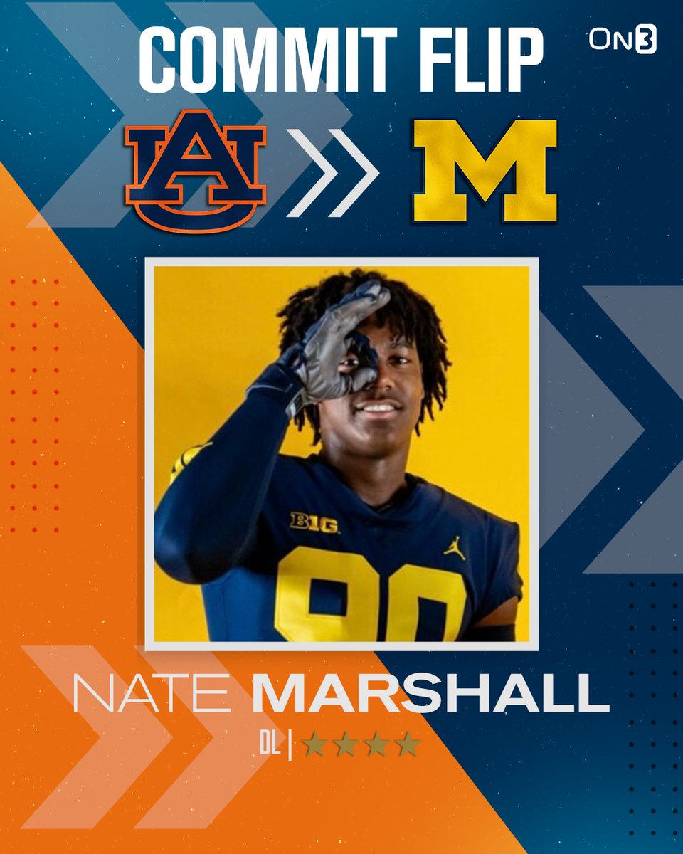 TheWolverineOn3's tweet photo. 🚨BREAKING: Four-star EDGE Nate Marshall FLIPS from Auburn to Michigan🚨

The No. 59 overall player in the nation was committed to Michigan, flipped to Auburn and is now BACK with the Wolverines.

Read HERE: https://t.co/NGgu49lLqP https://t.co/WOR7NYZC5C