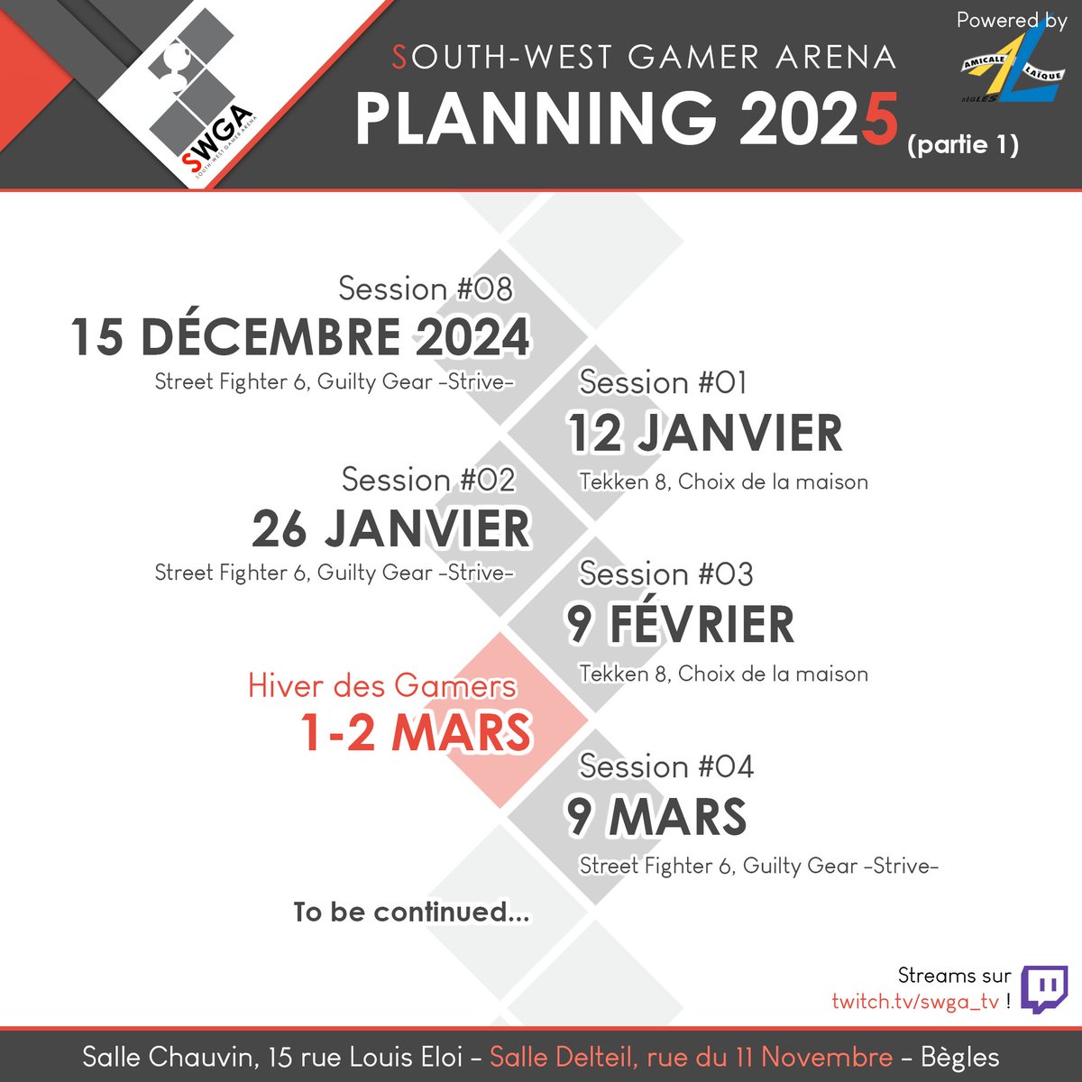 Nous vous présentons le planning de la SWGA pour fin 2024 et pour la première moitié de 2025 !
Rejoignez-nous à l'Amicale Laïque de Bègles pour toujours plus de bagarre !