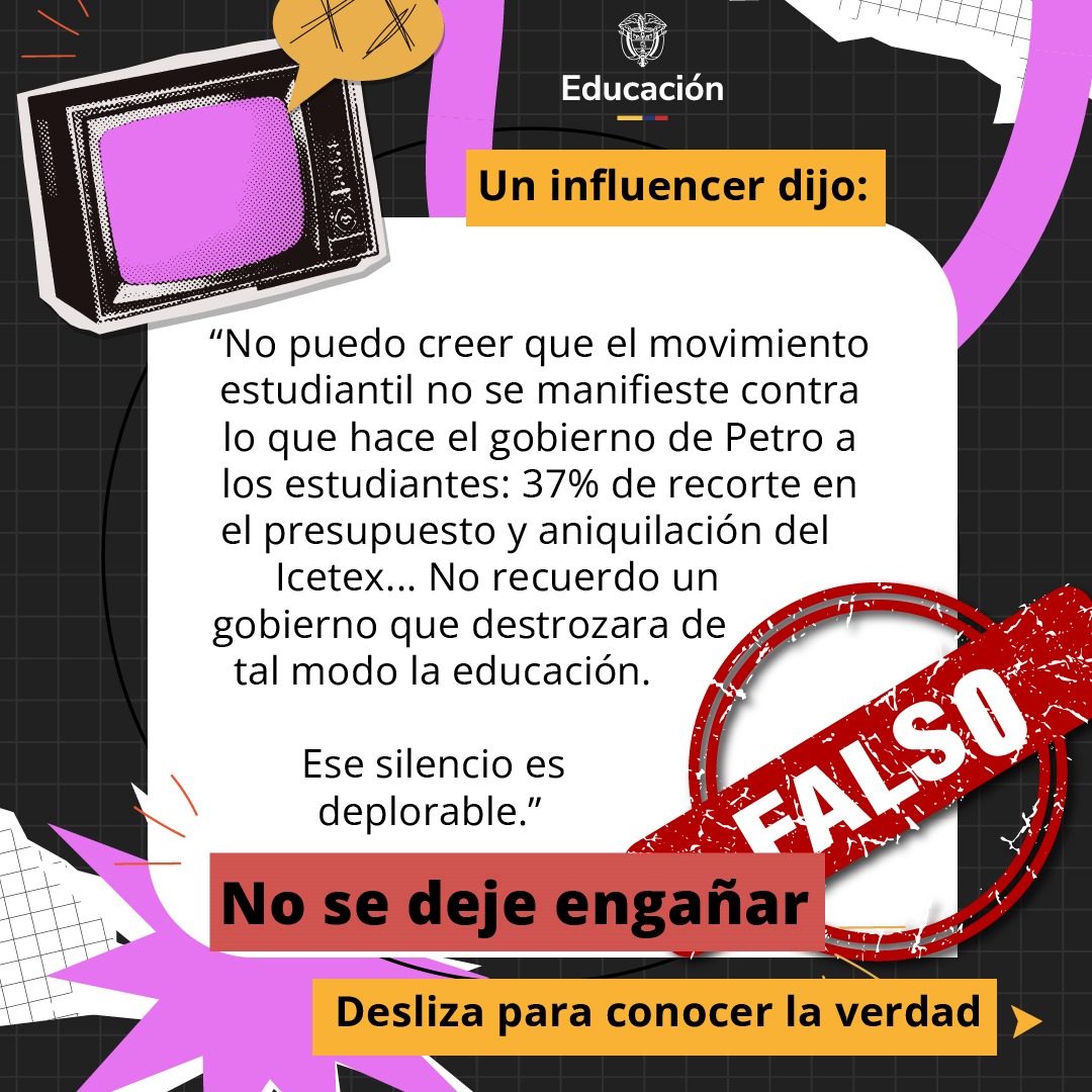 Mineducacion's tweet photo. "37% se recortará el presupuesto de la educación en 2025": dijeron falsamente oposición, influencers o periodistas, sin contrastar la información.

Los invitamos a seguir el hilo y con datos ciertos, verán como el presupuesto de educación ha tenido un incremento histórico.

🧵👇🏾 https://t.co/H8FzUq6v46