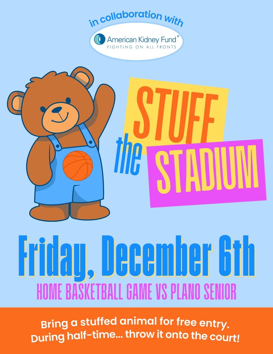 Stuco is putting together a stuffed animal drive for the Plano West basketball games Friday night (12/6). Any student who brings a new stuffed animal to the basketball game against Plano Senior gets in free and gets to throw the stuffed animal on the court during halftime.