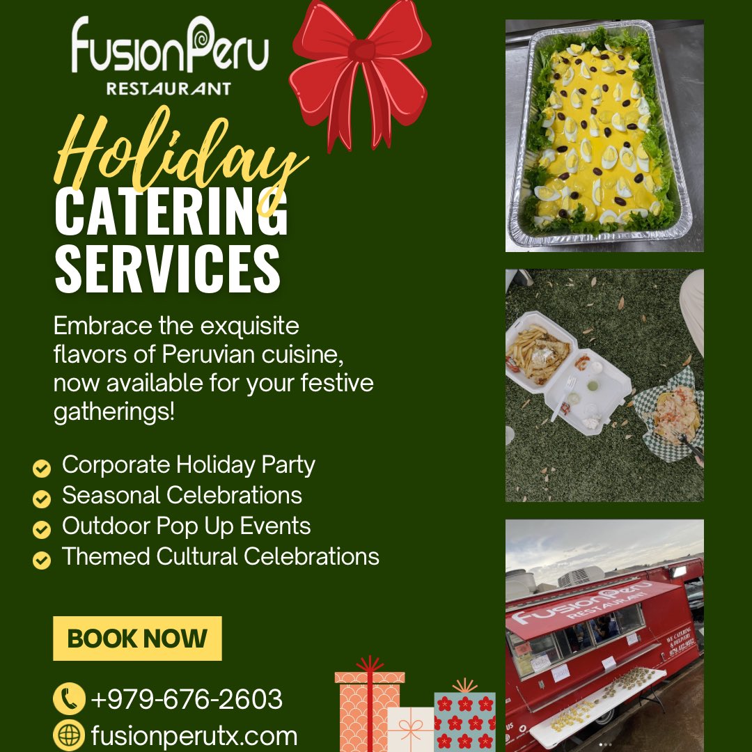 fusion_peru's tweet photo. ❄️🎄Holiday celebrations coming up? Fusion Peru caters for all your holiday needs this month! Call 9796762603 for catering! 🎄❄️ #TexasAMAggies #tamu24 #peruvianfood #tamu #tamu26 #tamu28 #aggies #tamu25 #texasam #tamu27 #collegestationtx #peruviancuisine #peruvian https://t.co/08WGd1K8kp