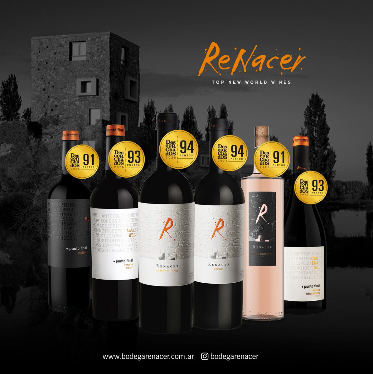 Puntajes en Descorchados 2025

Renacer Malbec 2021: 94 puntos
Renacer Cabernet Franc 2021: 94 puntos
Renacer Cabernet Sauvignon Rosé 2024: 91 puntos
Punto Final Reserva Malbec 2022: 93 puntos
Punto Final Reserva Cabernet Franc 2022: 93 puntos
Punto Final Malbec 2024: 91 puntos