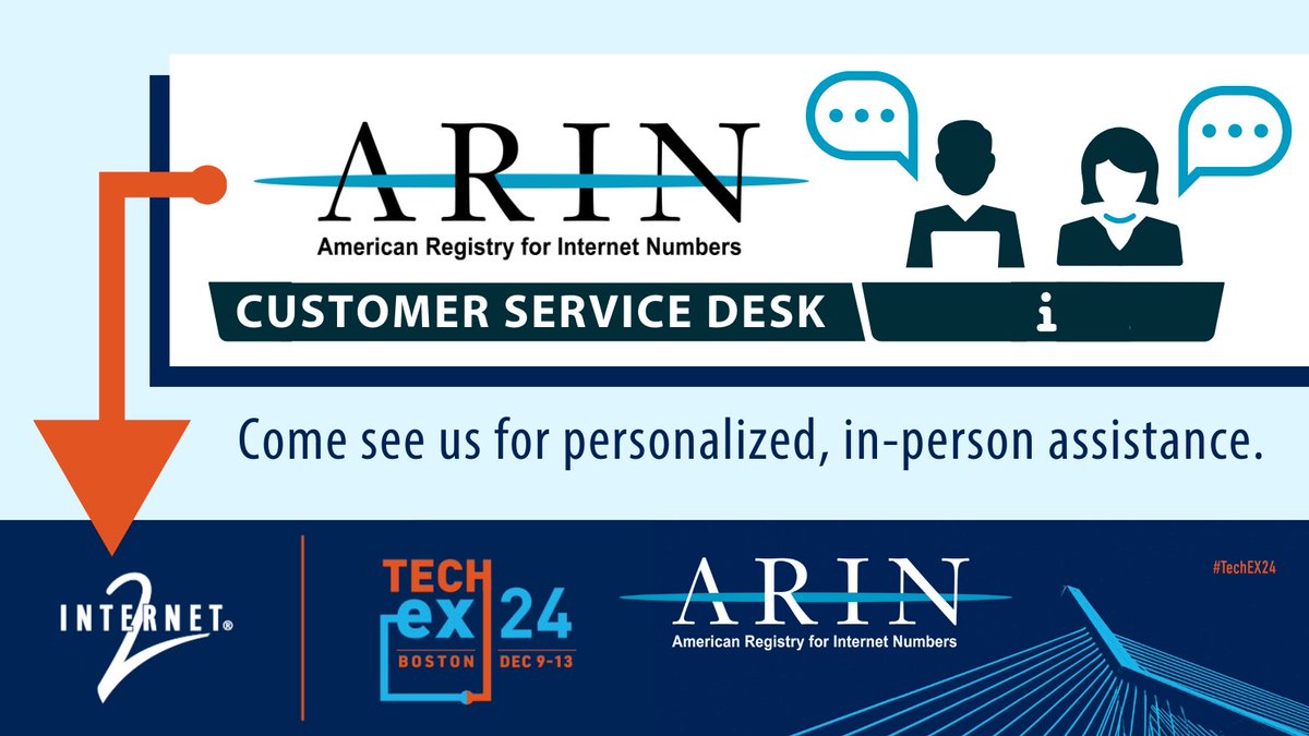 TeamARIN's tweet photo. In the #Boston area and need help deploying #IPv6 or #RPKI, updating your Whois data, navigating the #IPv4 transfer market, or more? Our Customer Service Desk will be at @Internet2's #TechEX24 with info and personalized support. Come see us next week! https://t.co/eEndLyfOXy https://t.co/Ae4eUXs2yX