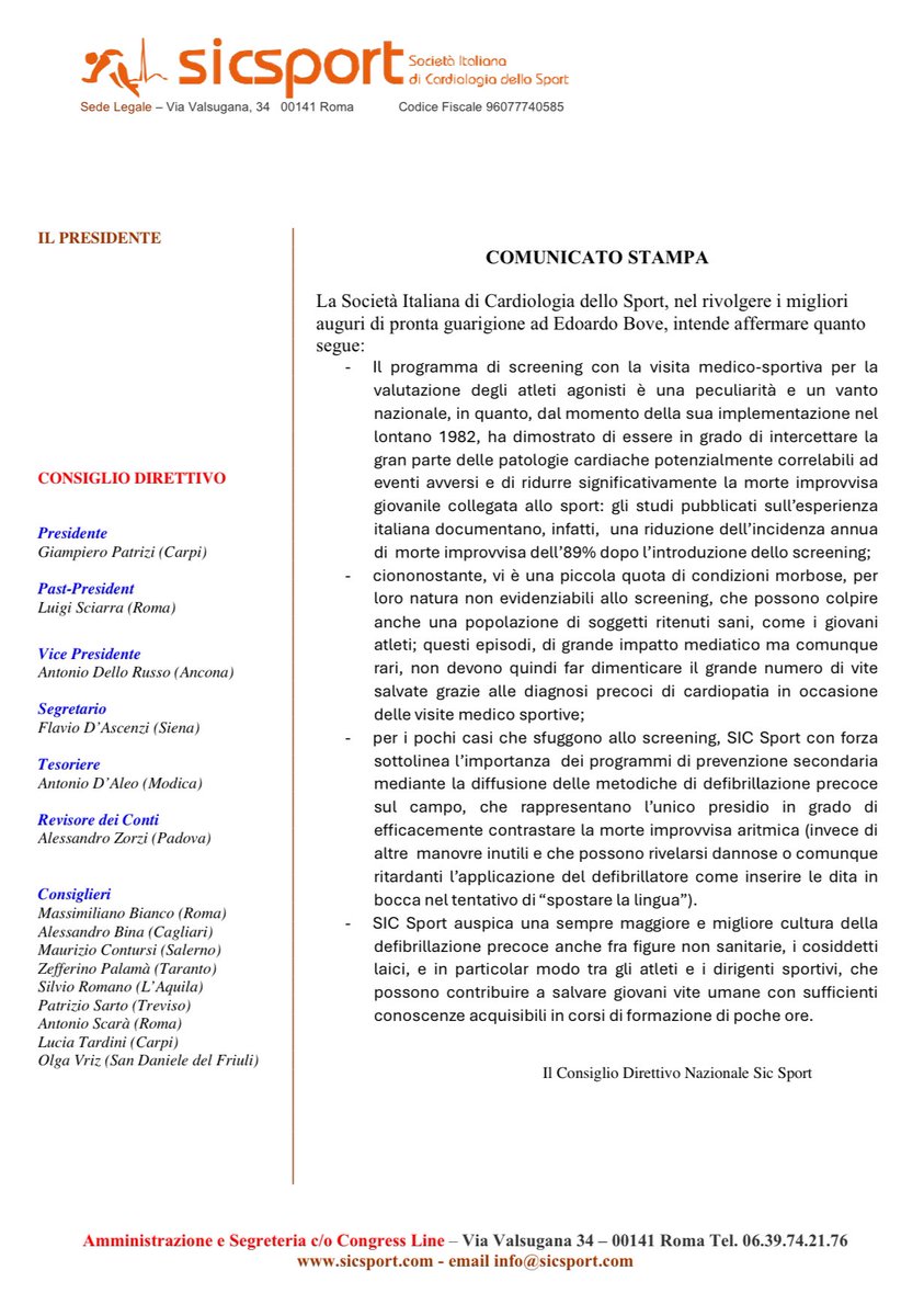 SICSPORT (@sicsport1) on Twitter photo Comunicato Stampa Società Italiana di Cardiologia dello Sport
#EdoardoBove <a href="/acffiorentina/">ACF Fiorentina</a> <a href="/Inter/">Inter ⭐⭐</a> #CardioX @CardioTwitter <a href="/EAPCPresident/">EAPCPresident</a> #prevenzione #screening #defibrillatore <a href="/Cardioinfo_it/">CardioInfo</a> <a href="/italian_cot/">Italian Cardiologists Of Tomorrow</a> <a href="/societa_siecg/">SOCIETA' SIECG</a> #COCIS2023 Comunicato Stampa Società Italiana di Cardiologia dello Sport
#EdoardoBove <a href="/acffiorentina/">ACF Fiorentina</a> <a href="/Inter/">Inter ⭐⭐</a> #CardioX @CardioTwitter <a href="/EAPCPresident/">EAPCPresident</a> #prevenzione #screening #defibrillatore <a href="/Cardioinfo_it/">CardioInfo</a> <a href="/italian_cot/">Italian Cardiologists Of Tomorrow</a> <a href="/societa_siecg/">SOCIETA' SIECG</a> #COCIS2023