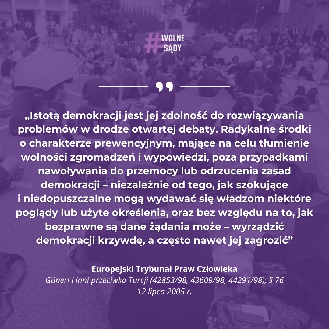 WolneSady1's tweet image. Prawo do zgromadzeń jest fundamentem demokratycznego społeczeństwa.
Fakt ten w swoich orzeczeniach wielokrotnie podkreślał Europejski Trybunał Praw Człowieka - określając istotę i granice ochrony tego prawa gwarantowanego w art. 11 Europejskiej Konwencji Praw Człowieka 👇🏻