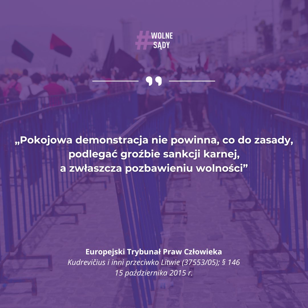 WolneSady1's tweet image. Prawo do zgromadzeń jest fundamentem demokratycznego społeczeństwa.
Fakt ten w swoich orzeczeniach wielokrotnie podkreślał Europejski Trybunał Praw Człowieka - określając istotę i granice ochrony tego prawa gwarantowanego w art. 11 Europejskiej Konwencji Praw Człowieka 👇🏻