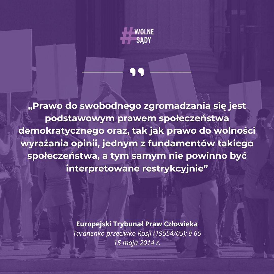 WolneSady1's tweet image. Prawo do zgromadzeń jest fundamentem demokratycznego społeczeństwa.
Fakt ten w swoich orzeczeniach wielokrotnie podkreślał Europejski Trybunał Praw Człowieka - określając istotę i granice ochrony tego prawa gwarantowanego w art. 11 Europejskiej Konwencji Praw Człowieka 👇🏻