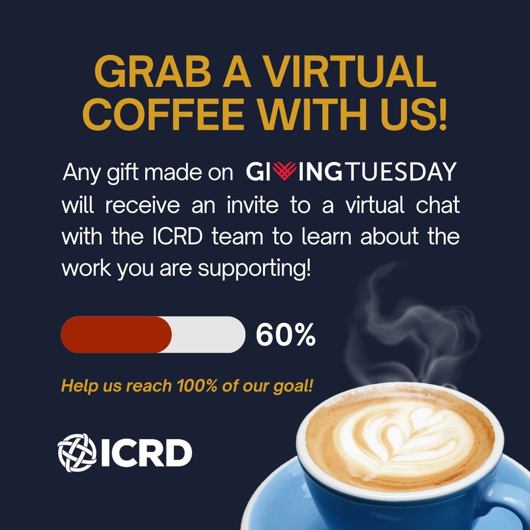 There’s still time to make a #GivingTuesday gift! 🎁 icrd.org/donate/

Donate today &amp; receive an invite to a virtual holiday coffee/tea gathering to hear how YOUR generosity is changing lives. ☕

Every dollar is MATCHED, DOUBLING your impact! 🌍💥