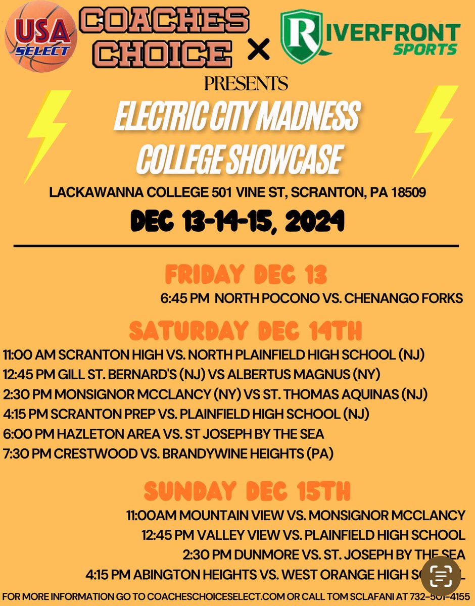 🔥🏀 GET READY FOR ELECTRIC CITY MADNESS! 🏀🔥Sponsored by SPEEDLINE TEAM SPORTS AND ANCHOR TOUGH

Coaches Choice USA 🇺🇸 &amp; Riverfront Sports are bringing the HEAT this winter! 🚨 Don’t miss the COLLEGE SHOWCASE that’s about to SHAKE the 570! 🌟

📍 Lackawanna College
📅 Dec