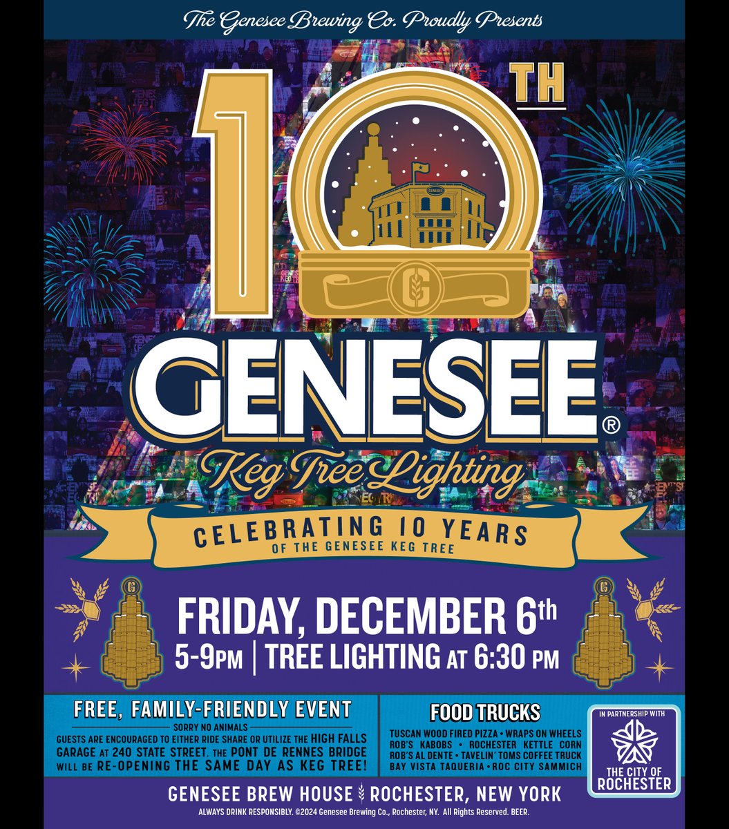 The Keg Tree lighting is THIS FRIDAY 😮 Come to the Brew House from 5-9pm (the lights go on at 6:30 sharp!) for beer, food, and festive fun! #ROC