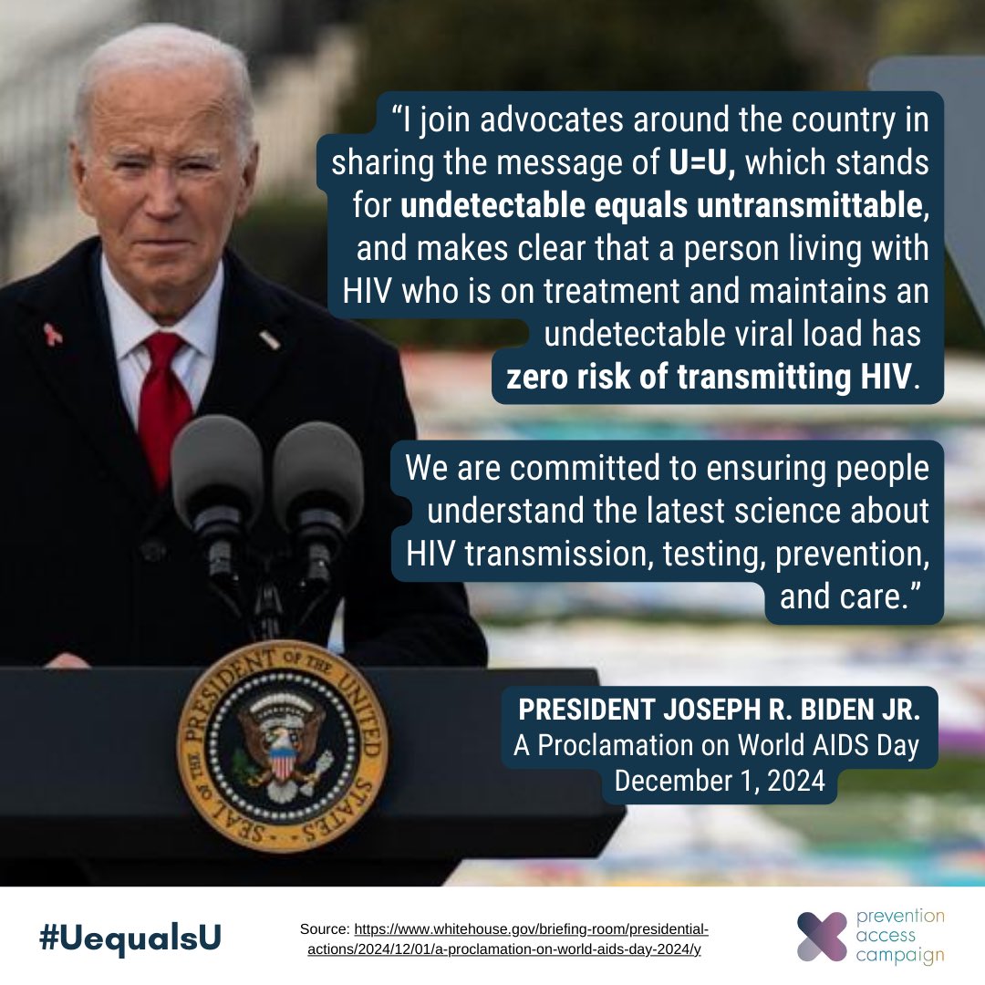 PreventionAC's tweet image. 🇺🇸 We are thrilled & grateful that President Biden highlighted #UequalsU in his White House #WorldAIDSDay proclamation:
“I join advocates around the country in sharing the message of U=U, which stands for undetectable equals untransmittable, and makes clear that a person living…