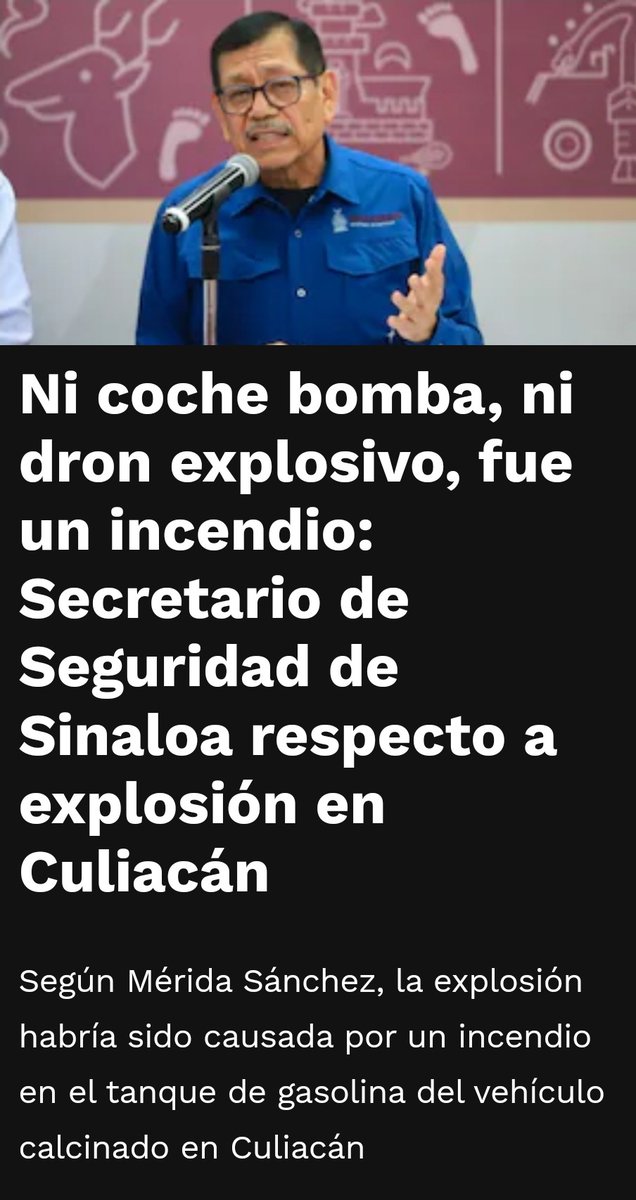 Melissa_Bely's tweet photo. 💥 ZAZ 💥

Hay una explosión en Culiacán, Sinaloa..

1.- Acto
Fue un coche bomba

2.- Acto
Fue un dron

3.- Acto
Fue el tanque de gasolina..

No tardan en decir que fue un Ovni y evacuan Culiacán.

Y así.. PUM 💥.. se acaba la violencia..

Pobre Sinaloa..
Pobre México.. https://t.co/FxHTGSIs1p