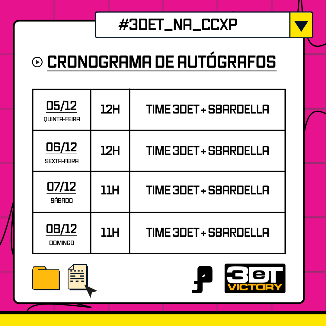 jamboeditora's tweet photo. CRONOGRAMA DE AUTÓGRAFOS: #3DeT e Reinos de Nerlian ⚡🎲🐲

Venha conhecer seus autores preferidos de 3DeT e Cristiana Sbardella, bater um papo e garantir seu autógrafo no estande da #JambôNaCCXP! Fique de olho nos horários para não perder:

📌 05/12 (quinta) | 12h
📌 06/12 (sexta) | 12h
📌 07/12 (sábado) | 11h
📌 08/12 (domingo) | 11h
