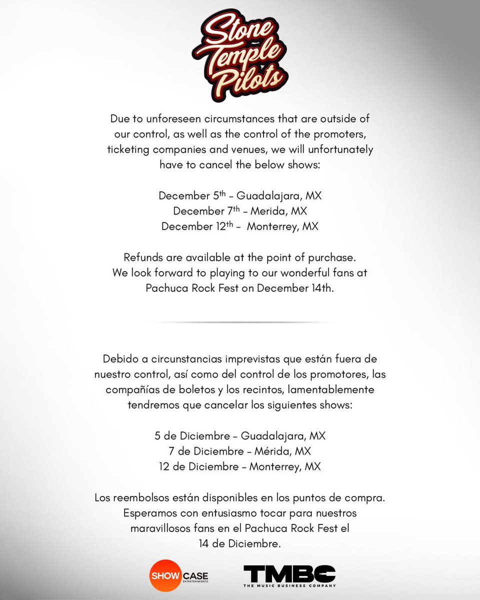 STONE TEMPLE PILOTS ⚠️ CANCELADO ⚠️

El reembolso de los boletos podrán realizarse 72 hrs después de anunciada la cancelación a través de los puntos de venta donde se realizo la compra.