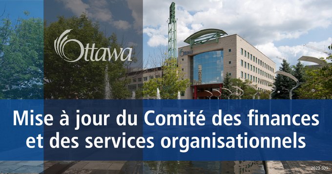 Illustration sur laquelle on aperçoit l’hôtel de ville d’Ottawa à l’arrière-plan. Au premier plan figurent un trait gris vertical et un trait bleu horizontal. L’inscription « Mise à jour du Comité des finances et des services organisationnels »
