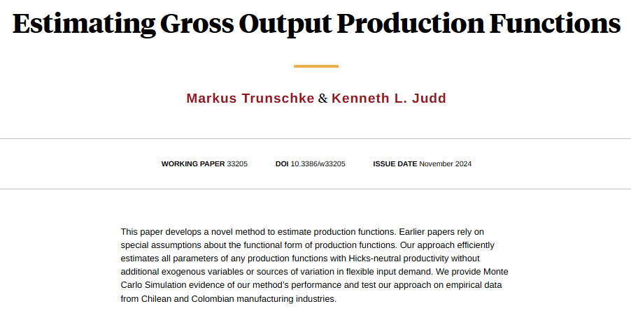 NBER (@nberpubs) on Twitter photo A new method for estimating production functions with Hicks-neutral productivity, from <a href="/MTrunschke/">Markus Trunschke</a> and Kenneth L. Judd nber.org/papers/w33205 A new method for estimating production functions with Hicks-neutral productivity, from <a href="/MTrunschke/">Markus Trunschke</a> and Kenneth L. Judd nber.org/papers/w33205