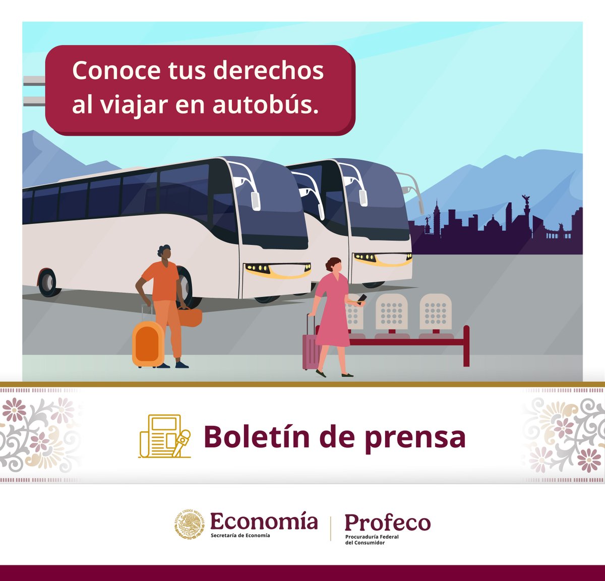 #BoletínDePrensa En temporada decembrina, la Profeco recuerda a las personas consumidoras sus derechos al viajar en autobús, con el fin de evitar complicaciones en caso de alguna eventualidad.

Les recordamos que la línea de autobuses debe respetar el precio, horario y tipo de