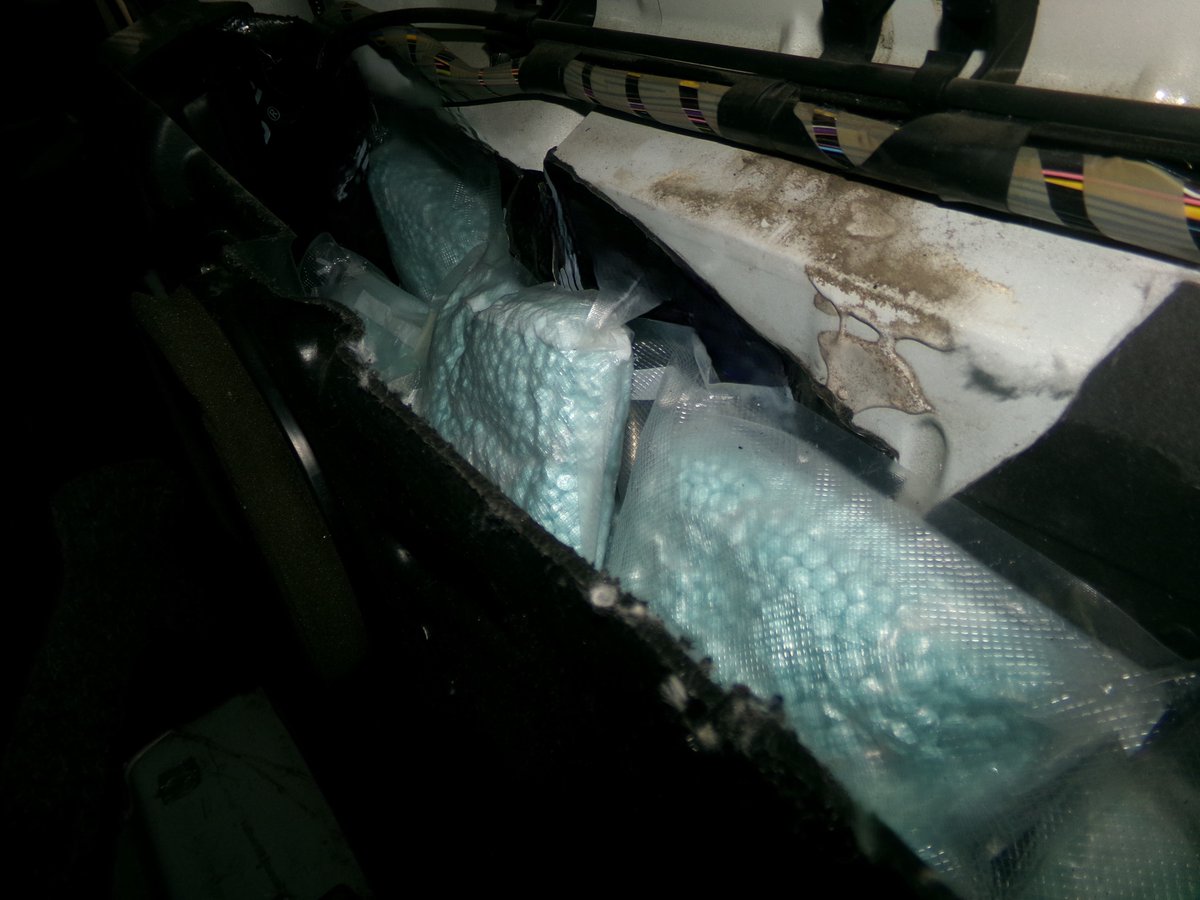 DFOSanDiegoCA's tweet photo. November ends in an Unbe-LEAF-able way!🍂
Last Friday, @CBP & #SDFO K9 officers conducting pre-primary inspections at the #OTMPOE discovered 35 pkgs. in the rear quarter panels of a vehicle. The packages were identified as blue fentanyl pills, weighing 45 lbs. 💊Outstanding work! https://t.co/dahLrt5WJP