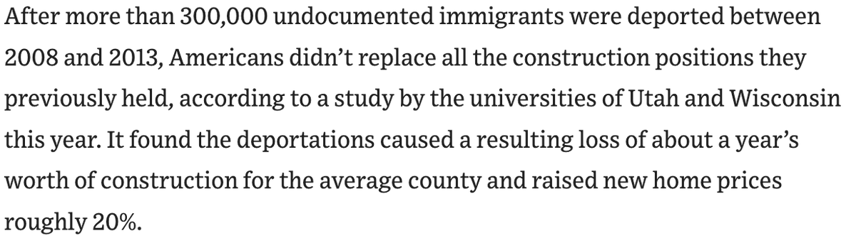 Housing costs could increase by 20% as a result of Trump's deportations.  (Source: WSJ)