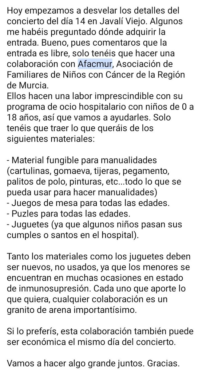Empezamos a desvelar los detalles del concierto del día 14. Algunos me habéis preguntado dónde adquirir la entrada. Pues comentaros que la entrada es libre, solo tenéis que hacer una colaboración con Afacmur, Asoc. Familiares de Niños con Cáncer Región de Murcia. Aquí la info 👇🏻