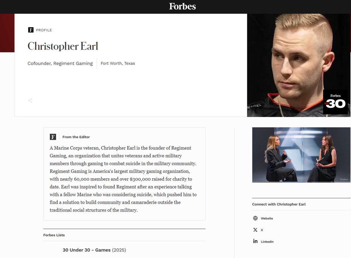 Entxurage's tweet image. I am beyond excited to announce that I was selected for Forbes 30 Under 30 Class Of 2025 thanks to the @RegimentGG community! 🫡

Millions of dollars in sales, tens of thousands of Veterans brought together, but most importantly - countless lives saved!

While it may show my name…