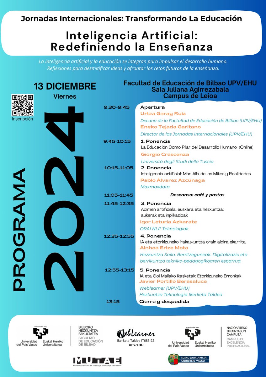 Dar la espalda a la inteligencia artificial es como cuando antes se ignoraba la educación afectivo-sexual: no impedirá que exista, pero sí limitará nuestra capacidad para abordarla con responsabilidad y conocimiento. <a href="/bhf_feb/">Bilboko Hezkuntza F. de Educación de Bilbao</a> <a href="/upvehu/">UPV/EHU</a> <a href="/weblearnerehu/">Weblearner</a> <a href="/MutaeMaster/">MUTAE Master UPV/EHU</a>